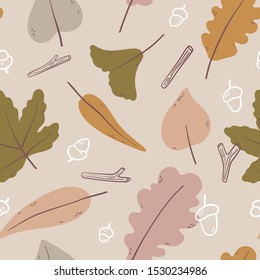 Beautiful seamless texture with different Autumn Leaves, Acorn and Small Branches. Vector seasonal pattern.