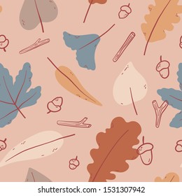 Beautiful seamless texture with different Autumn Leaves, Acorn and Small Branches. Vector seasonal pattern.