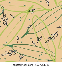 Beautiful seamless texture with hand drawn ink leaves. Vector botanical pattern with big and small leaves.
