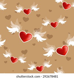 Beautiful seamless texture of heart on the wings of love. Vector illustration.