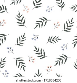 Beautiful seamless texture pattern Small patterned leaves and white flower, randomly arranged Design used for textile, fabric, publication, gift wrap, vector illustration