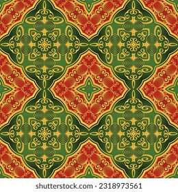 Beautiful seamless textured abstract background in red, green and golden yellow colors