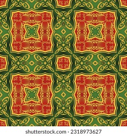 Beautiful seamless textured abstract background in red, green and golden yellow colors