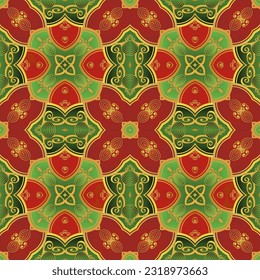 Beautiful seamless textured abstract background in red, green and golden yellow colors