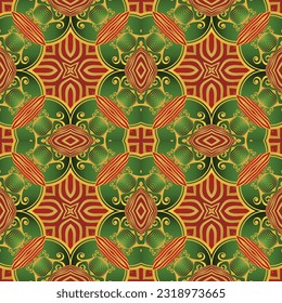Beautiful seamless textured abstract background in red, green and golden yellow colors