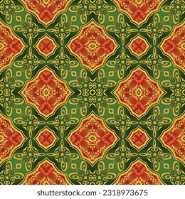 Beautiful seamless textured abstract background in red, green and golden yellow colors