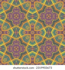 beautiful seamless textured abstract background in green purple and golden yellow lines