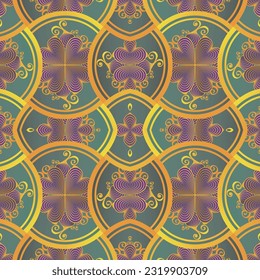 beautiful seamless textured abstract background in green purple and golden yellow lines