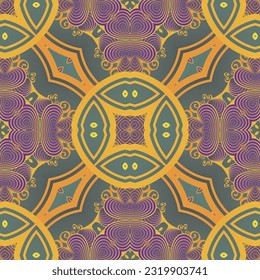 beautiful seamless textured abstract background in green purple and golden yellow lines