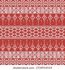 Schöne nahtlose thailändische geometrische Muster inspiriert von traditionellen Textil-und Volkskunst. Das Design verfügt über wiederholende ethnische Ornamente in rot und weiß Farbe, perfekt für Hintergrund, Stoffdruck, Tapete, Verpackung, Branding, Textil-Design, Verpackungspapier, und digitale Projekte. Hochwertige Vektorgrafik mit symmetrischen dekorativen Elementen und kultureller Identität.