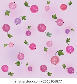 Hermoso patrón de baldosas sin costuras con grosella transparente rosa 
Bayas con la hoja en el fondo lila
