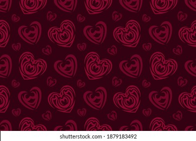 Hermoso patrón tribal impecable con formas estilizadas del corazón en el fondo púrpura