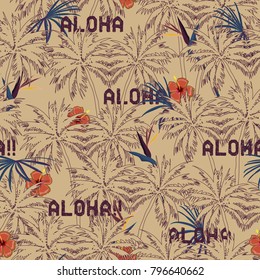 Beautiful seamless tropical exotic palm tree  pattern on beige background. Coconut tree and exotic florals with palm trees,beach and ocean vector hand drawn style.