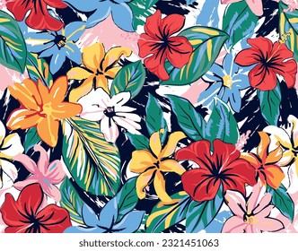 Beautiful seamless tropical flowers and leaves in bright colors. Suitable for prints and fabrics, hand drawn style.