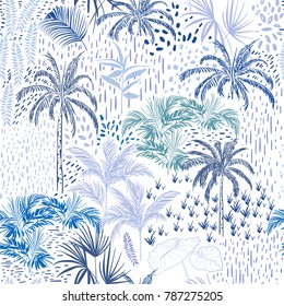 Beautiful seamless tropical forest pattern on white background. Landscape with palm trees,exotic wild and plants vector in hand drawn style.