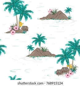 Beautiful seamless tropical island pattern on white background. Landscape with palm trees,beach and ocean vector hand drawn style.