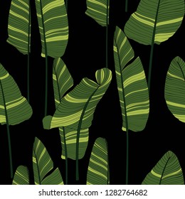 Beautiful seamless tropical jungle floral pattern background with palm bananas leaves on black backgrounds.