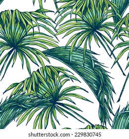 Beautiful seamless tropical jungle floral pattern background with palm leaves