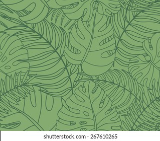 Beautiful seamless tropical jungle floral pattern background with palm leaves