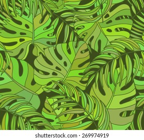 Beautiful seamless tropical jungle floral pattern background with palm leaves.