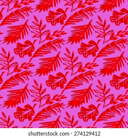 Beautiful seamless tropical jungle floral pattern background with palm leaves. Vector illustration.