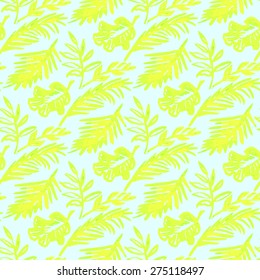 Beautiful seamless tropical jungle floral pattern background with palm leaves. Vector illustration.