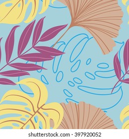 Beautiful seamless tropical jungle floral pattern background with palm leaves