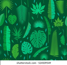 Beautiful seamless tropical jungle floral pattern background with different palm leaves. Vector illustration.