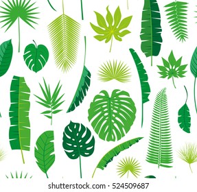 Beautiful seamless tropical jungle floral pattern background with different palm leaves. Vector illustration.