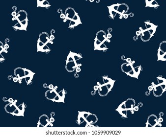 Beautiful seamless tropical  pattern  with  anchor sihouette. Vector hand drawn style. Isolated on blue background.