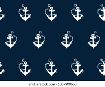 Beautiful seamless tropical  pattern  with  anchor sihouette. Vector hand drawn style. Isolated on blue background.