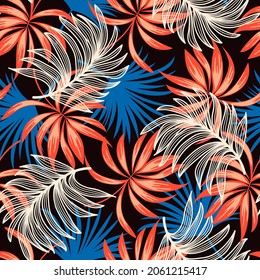 Beautiful seamless tropical pattern with bright plants and leaves on a dark background. Vector design. Jungle print. Floral background.  Tropical botanical. Beautiful exotic plants. 