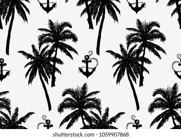 Beautiful seamless tropical  pattern  with coconut palm trees, beach and ocean, anchor silhouette. Vector hand drawn style. Isolated on white background.