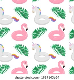 Beautiful seamless tropical pattern with Inflatable ring object with cute flamingo and unicorn shaped on a white background. Abstract summer texture. Design for fabric, wallpaper, textile and decor.