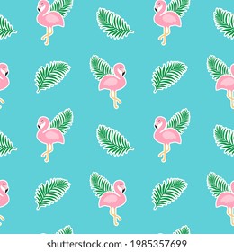 Beautiful seamless tropical pattern with pink flamingos and palm leaves on a blue background. Abstract summer texture. Design for fabric, wallpaper, textile and decor.