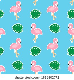 Schönes, nahtloses tropisches Muster mit rosafarbenen Flamingos und Monstera Blättern auf blauem Hintergrund. Abstrakte Sommerstruktur. Design für Stoffe, Tapeten, Textilien und Dekoration.