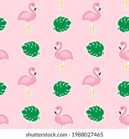 Hermoso patrón tropical sin fisuras con flamencos rosados y hojas de monstera sobre un fondo rosado. Resumen de textura de verano. Diseño de tela, papel pintado, textiles y decoración.