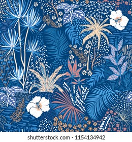 Beautiful seamless tropical summer forest pattern on blue with pastel colorl palm trees,exotic wild and plants vector in hand drawn style.