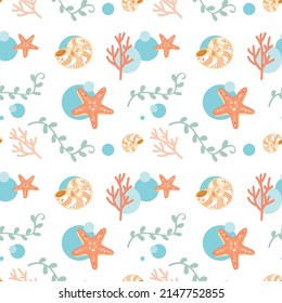 Beautiful seamless underwater pattern with sea life colourful corals and starfish. Stock illustration.
