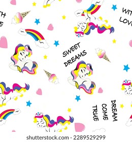 Beautiful seamless unicorn pattern with colorful rainbows 