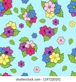 Beautiful seamless vector background of bright multi-colored flowers on blue background