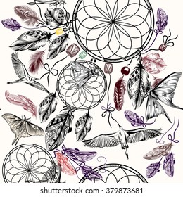 Beautiful seamless vector background with hand drawn dream catcher birds and feathers in engraved bo-ho style with birds and butterflies