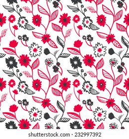 beautiful seamless vector background and pattern of simple flowers, leaves, twigs, grass, branch - hand drawn vector illustration