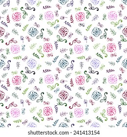beautiful seamless vector background and pattern of simple flowers, leaves, twigs, grass, branch - hand drawn vector illustration