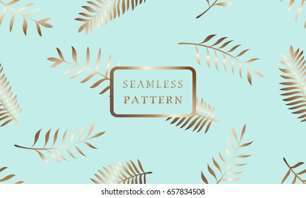 Beautiful seamless vector fashionable abstract tropical floral pattern background with gold palm leaves On a blue, turquoise background. Tree branch of the jungle. Exotic leaves of Hawaiian.