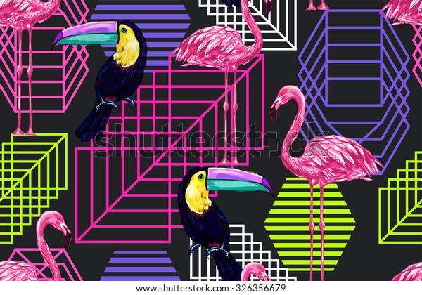 Beautiful seamless vector fashionable floral tropical pattern background with pink flamingos, toucan, exotic birds. Abstract striped geometric texture