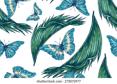 Beautiful seamless vector floral exotic pattern background. Colorful butterflies and tropical jungle palm leaves