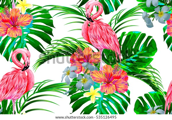 Beautiful seamless vector floral exotic pattern with tropical flowers, palm leaves, jungle plants, hibiscus, bird of paradise flower, pink flamingos. Hawaiian background