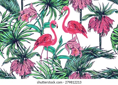 Beautiful seamless vector floral jungle pattern background. Pink flamingos, tropical flowers, palm leaves and plants