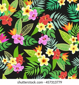 Beautiful seamless vector floral jungle pattern background. Colorful tropical flowers, palm leaves and plants, hibiscus, paradise flower, exotic print